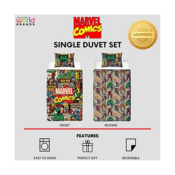 Disney Official Marvel Avengers Single Kids Duvet Cover Set | Reversible 2 Sided Bedding Including Matching Pillow Case | Comics Design | Character World Brands Single Bed Set