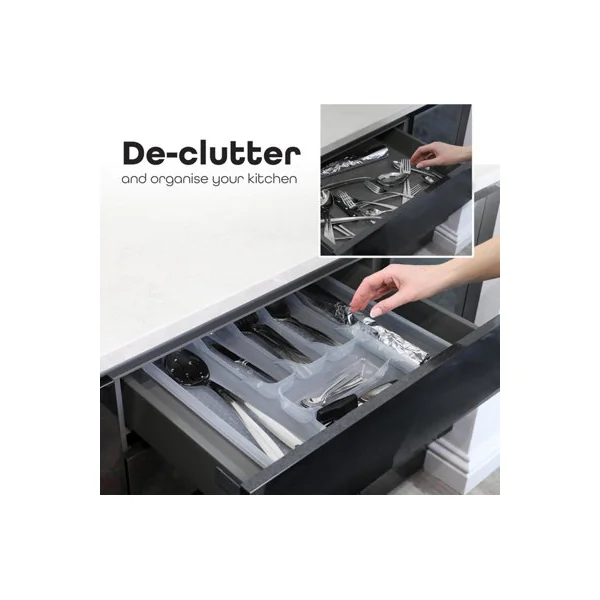 DIVCHI Cutlery Tray Kitchen Drawer Organiser 7 Compartments Utensil Spoon Fork Holder Silverware Flatware Storage Rack Transparent