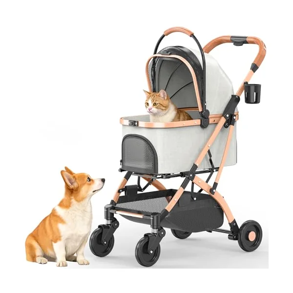Dog Pram, Foldable Pet Stroller, Aluminum Alloy Frame for Small & Medium Cats/Dogs, with Wear-Resistant High-Density PU Wheels, Removable Washable Pad, Cup Holder, One-Key Brake & Shock Absorption