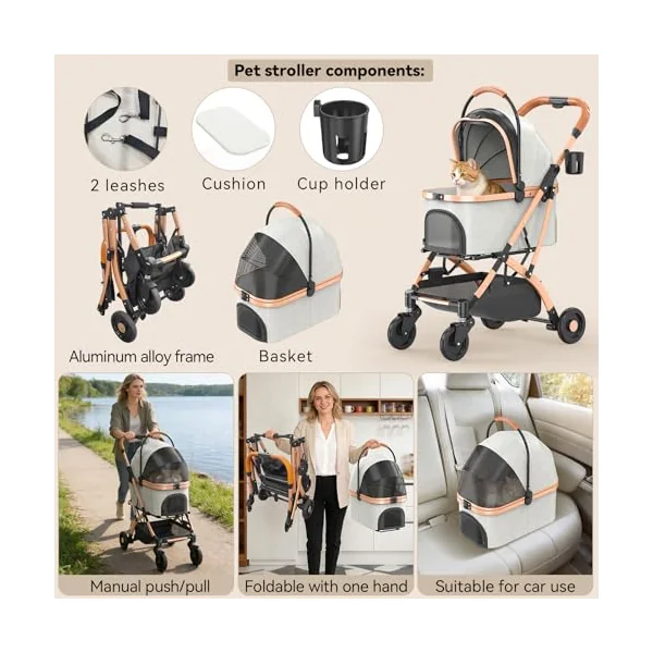 Dog Pram, Foldable Pet Stroller, Aluminum Alloy Frame for Small & Medium Cats/Dogs, with Wear-Resistant High-Density PU Wheels, Removable Washable Pad, Cup Holder, One-Key Brake & Shock Absorption