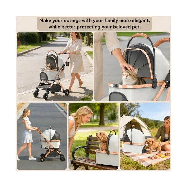 Dog Pram, Foldable Pet Stroller, Aluminum Alloy Frame for Small & Medium Cats/Dogs, with Wear-Resistant High-Density PU Wheels, Removable Washable Pad, Cup Holder, One-Key Brake & Shock Absorption