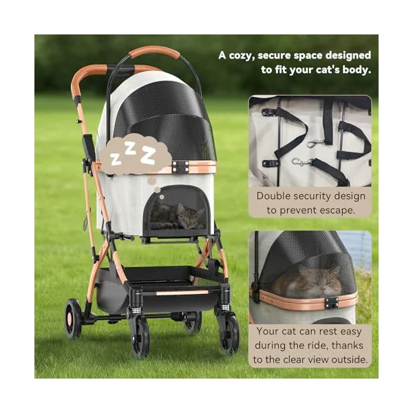 Dog Pram, Foldable Pet Stroller, Aluminum Alloy Frame for Small & Medium Cats/Dogs, with Wear-Resistant High-Density PU Wheels, Removable Washable Pad, Cup Holder, One-Key Brake & Shock Absorption