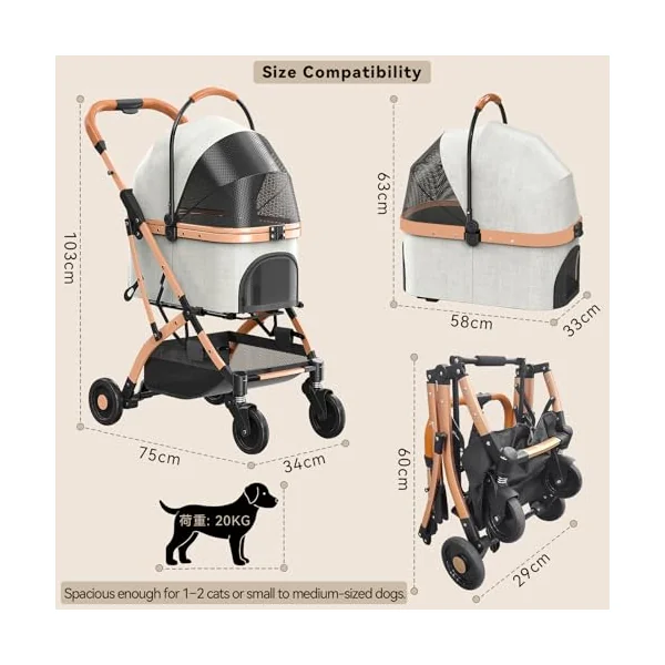Dog Pram, Foldable Pet Stroller, Aluminum Alloy Frame for Small & Medium Cats/Dogs, with Wear-Resistant High-Density PU Wheels, Removable Washable Pad, Cup Holder, One-Key Brake & Shock Absorption