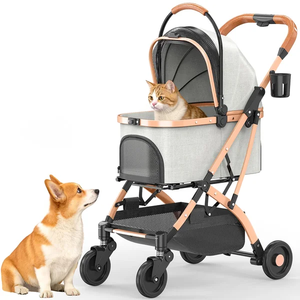 Dog Pram, Foldable Pet Stroller, Aluminum Alloy Frame for Small & Medium Cats/Dogs, with Wear-Resistant High-Density PU Wheels, Removable Washable Pad, Cup Holder, One-Key Brake & Shock Absorption