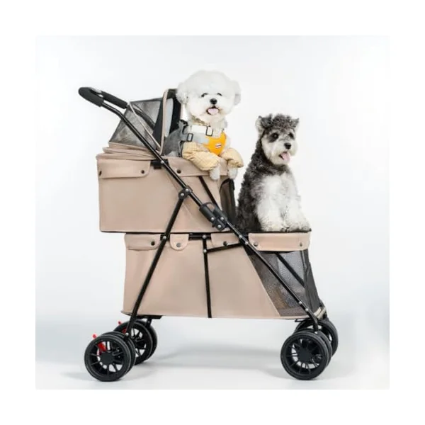 Dog Stroller 2-Layers, Foldable Pet Buggy for Small Medium Dogs, Cats Dogs Pushchair with Safety Belt Breathable Mesh 4 Wheels, Pet Pram Travel Strollers for Cats Puppies (Brown)
