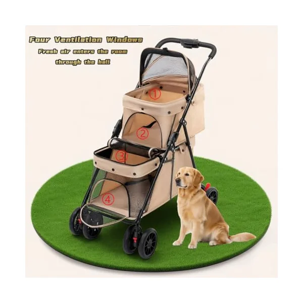 Dog Stroller 2-Layers, Foldable Pet Buggy for Small Medium Dogs, Cats Dogs Pushchair with Safety Belt Breathable Mesh 4 Wheels, Pet Pram Travel Strollers for Cats Puppies (Brown)