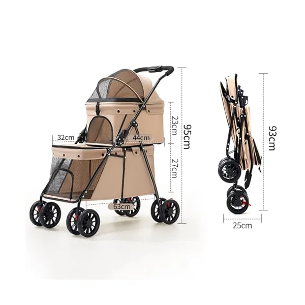 Dog Stroller 2-Layers, Foldable Pet Buggy for Small Medium Dogs, Cats Dogs Pushchair with Safety Belt Breathable Mesh 4 Wheels, Pet Pram Travel Strollers for Cats Puppies (Brown)