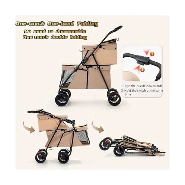 Dog Stroller 2-Layers, Foldable Pet Buggy for Small Medium Dogs, Cats Dogs Pushchair with Safety Belt Breathable Mesh 4 Wheels, Pet Pram Travel Strollers for Cats Puppies (Brown)
