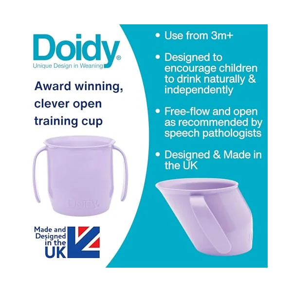 Doidy Cup, 3 Months +, Baby & Toddler First Open Beaker, Unique Slanted Design for Training & Learning to Drink, weaning Essentials for Milk & Water (Trainer Cup, Lilac)
