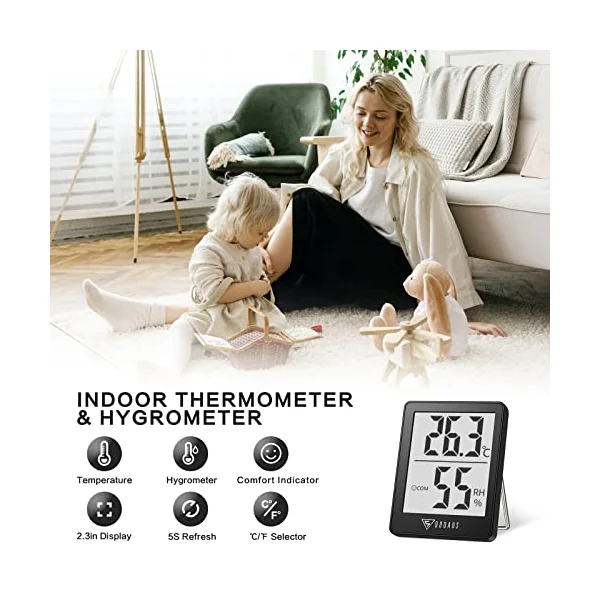 DOQAUS Room Thermometer, Digital Indoor Hygrometer Mini Temperature Monitor and Humidity Meter for Home Office Greenhouse Baby Nursery Comfort (1, Black)