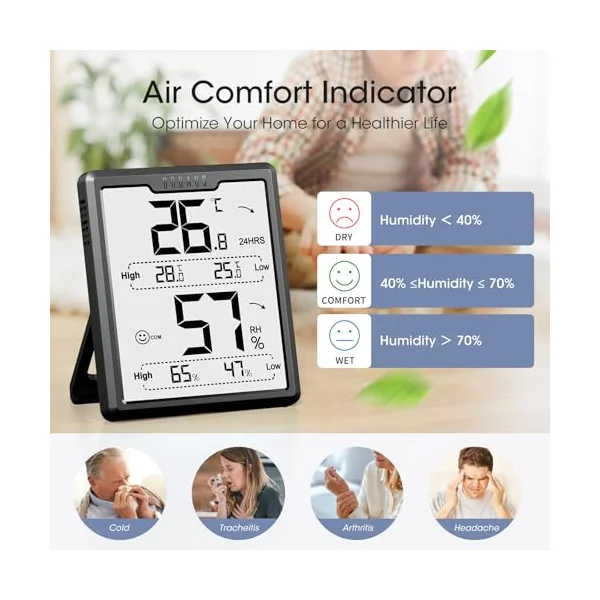 DOQAUS Room Thermometer, Humidity Meter,Digital Thermo-Hygrometer Indoor with High Low History,LCD Screen Baby Room Thermometer with High Accuracy, ℉/℃ Selectable, for Greenhouse,Nursery,Basement