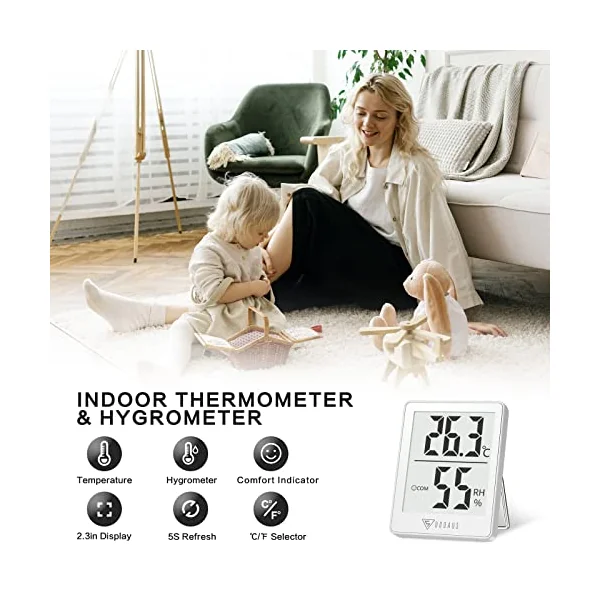 DOQAUS Room Thermometers, Mini Ambient Thermometer Room Temperature Monitor, Accurate Humidity Meter Hygrometer, Room Thermometer Indoor for Home, Office, Greenhouse, Baby Room(White)