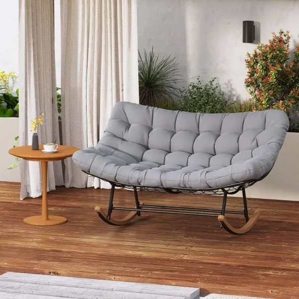 Double Papasan Rocking Chair for 2 Oversized 320 kg Outdoor Metal Loveseat with Thick Cushion