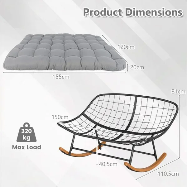 Double Papasan Rocking Chair for 2 Oversized 320 kg Outdoor Metal Loveseat with Thick Cushion