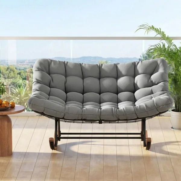 Double Papasan Rocking Chair for 2 Oversized 320 kg Outdoor Metal Loveseat with Thick Cushion
