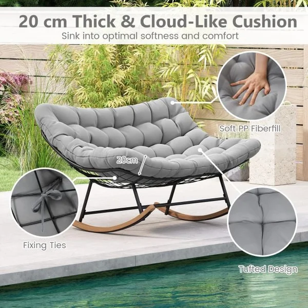 Double Papasan Rocking Chair for 2 Oversized 320 kg Outdoor Metal Loveseat with Thick Cushion