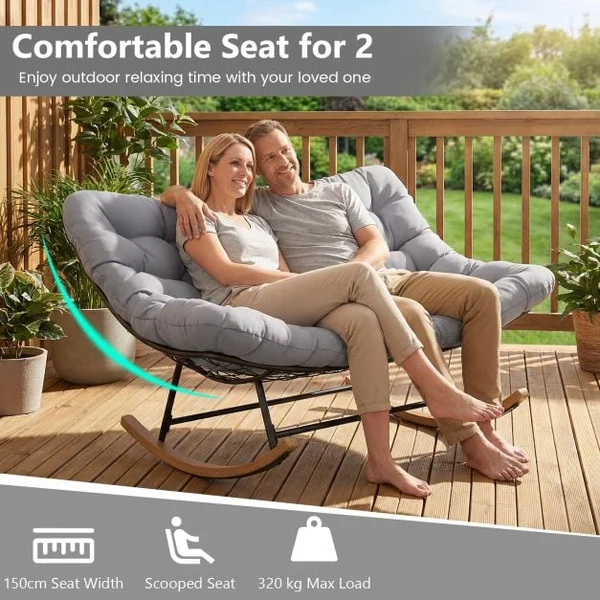 Double Papasan Rocking Chair for 2 Oversized 320 kg Outdoor Metal Loveseat with Thick Cushion