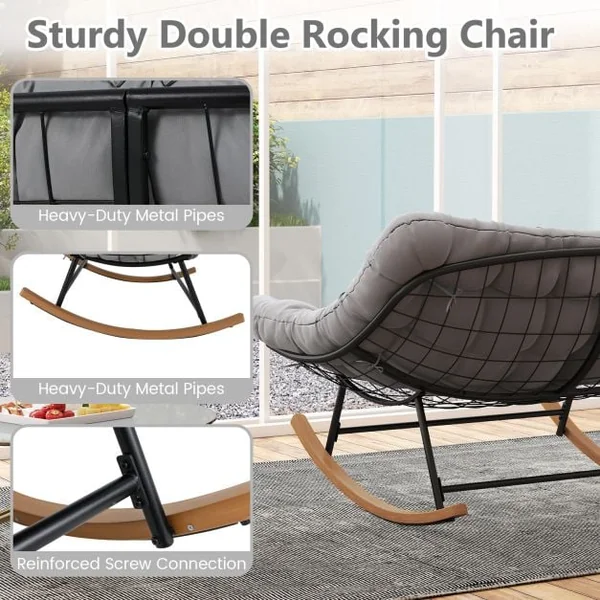 Double Papasan Rocking Chair for 2 Oversized 320 kg Outdoor Metal Loveseat with Thick Cushion