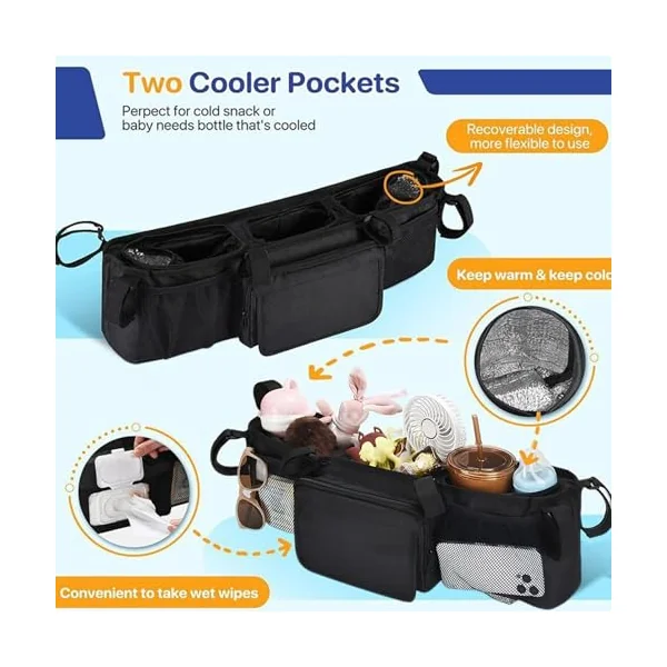 Double Stroller Caddy Waterproof Foldable Organization | Stroller Organizer for Travel Parents Home Outdoor Camping Walking Home