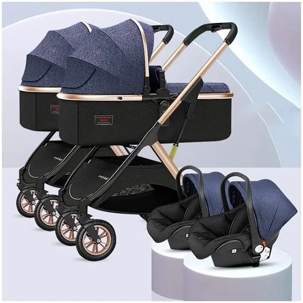 Double Stroller Side by Side, Tandem for Infant and Toddler,Baby Foldable High Landscape Shock Absorption Umbrella Twin Stroller,with Adjustable Backrest, Accessories, Brown (Color : Blue)