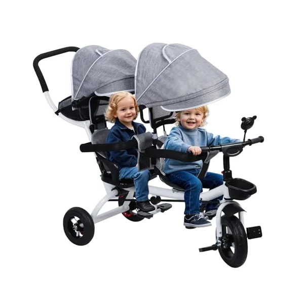 Double Tandem Tricycle Stroller - Double Buggy Pushchair for Kids Aged 2-8 Years - Features Double Seat and Canopy for Comfort and Safety
