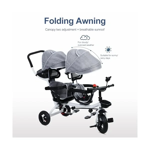Double Tandem Tricycle Stroller - Double Buggy Pushchair for Kids Aged 2-8 Years - Features Double Seat and Canopy for Comfort and Safety