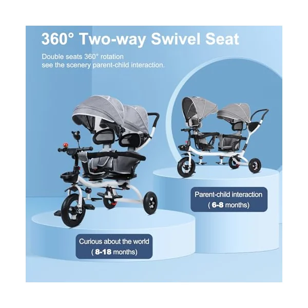 Double Tandem Tricycle Stroller - Double Buggy Pushchair for Kids Aged 2-8 Years - Features Double Seat and Canopy for Comfort and Safety