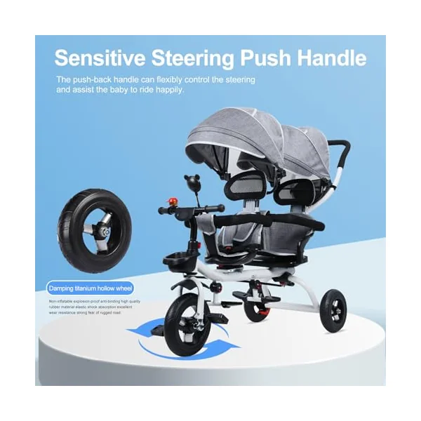 Double Tandem Tricycle Stroller - Double Buggy Pushchair for Kids Aged 2-8 Years - Features Double Seat and Canopy for Comfort and Safety