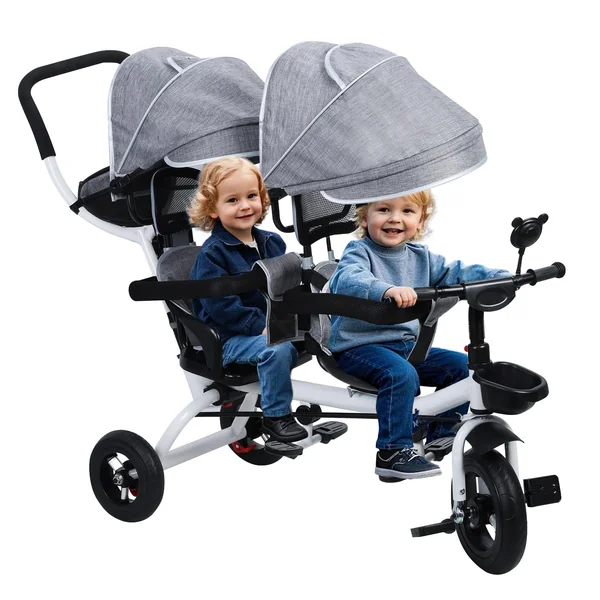 Double Tandem Tricycle Stroller - Double Buggy Pushchair for Kids Aged 2-8 Years - Features Double Seat and Canopy for Comfort and Safety