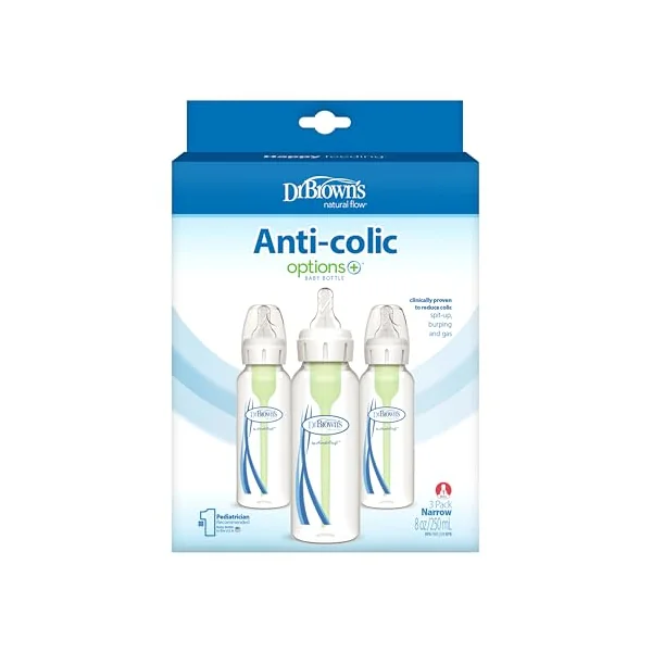 Dr. Brown's Anti-Colic Options+ Narrow Baby Bottle, 8oz/250ml, with Level 1 Slow Flow Teat, 3-Pack