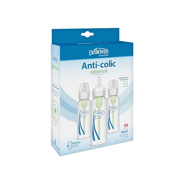 Dr. Brown's Anti-Colic Options+ Narrow Baby Bottle, 8oz/250ml, with Level 1 Slow Flow Teat, 3-Pack