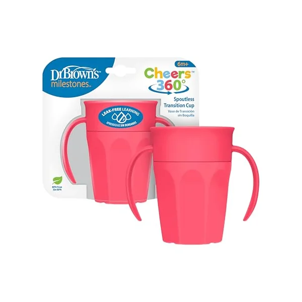 Dr. Brown's Milestones Cheers 360 Cup Spoutless Transition Cup with Handles for Easy Grip & Leak-Free Learning, Pink, 7oz/200mL, 6m+ (Colors May Vary)