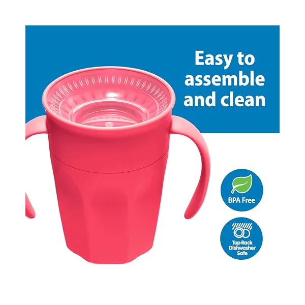 Dr. Brown's Milestones Cheers 360 Cup Spoutless Transition Cup with Handles for Easy Grip & Leak-Free Learning, Pink, 7oz/200mL, 6m+ (Colors May Vary)