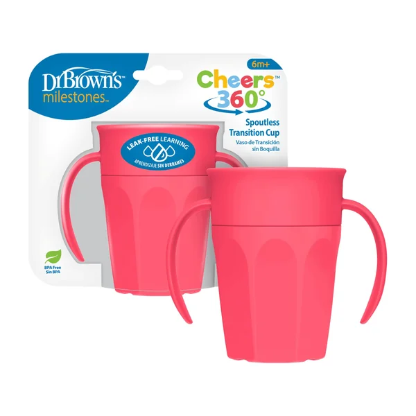 Dr. Brown's Milestones Cheers 360 Cup Spoutless Transition Cup with Handles for Easy Grip & Leak-Free Learning, Pink, 7oz/200mL, 6m+ (Colors May Vary)