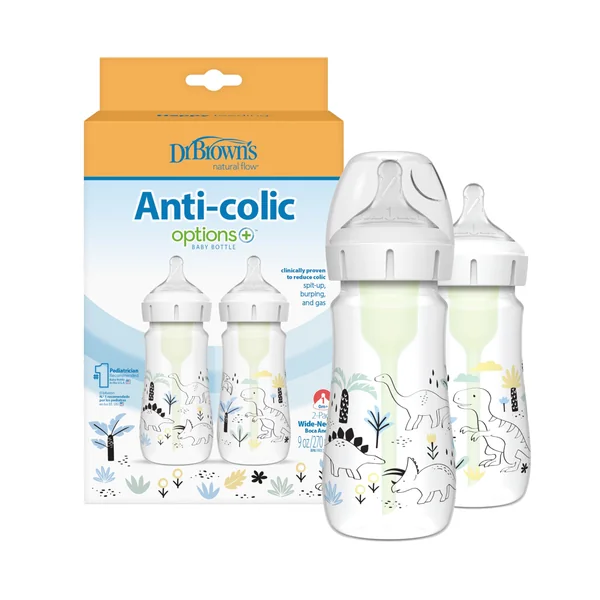 Dr. Brown’s Natural Flow® Anti-Colic Options+™ Wide-Neck Baby Bottle, 9oz/270ml, with Level 1 Teat, 2-Pack, Dinosaur Design
