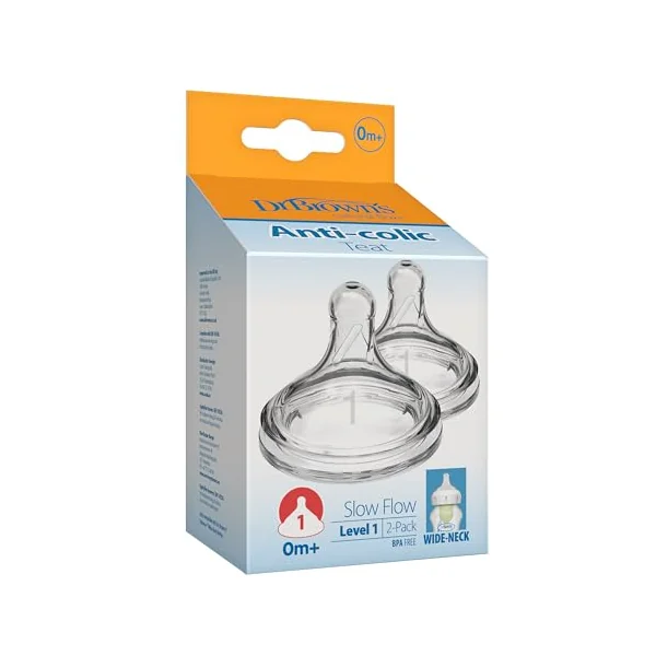 Dr Brown's Natural Flow Wide-Neck Silicone Teat, Level 1, Pack of 2 | Slow Flow, 0m+, 100 Percent Silicone, Baby Bottle Teat
