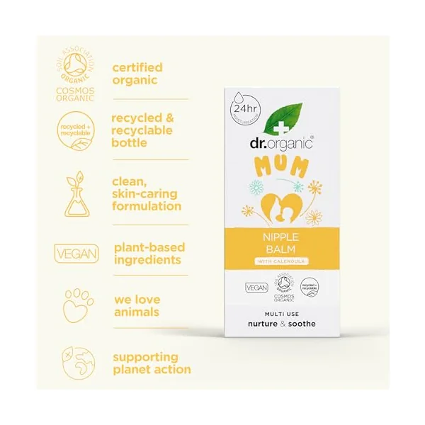 Dr Organic Nipple Balm with Calendula, Lanolin Alternative, Natural relief, Sore & Cracked Nipples, Breastfeeding, Soothing, Vegan, Cruelty-Free, Paraben & SLS Free, Certified Organic, 30ml