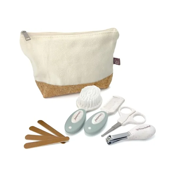 Dreambaby Neat & Tidy 9pc Wheatgrass Baby Grooming Kit - Eco-Friendly Baby Care Kit with Cotton & Cork Travel Bag - Soft Brush, Comb, Safety Scissors, Nail Clippers - Less Plastic Waste
