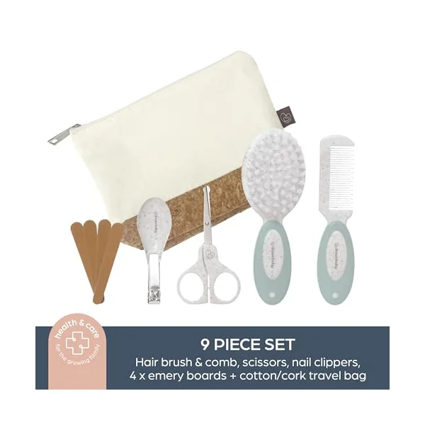 Dreambaby Neat & Tidy 9pc Wheatgrass Baby Grooming Kit - Eco-Friendly Baby Care Kit with Cotton & Cork Travel Bag - Soft Brush, Comb, Safety Scissors, Nail Clippers - Less Plastic Waste