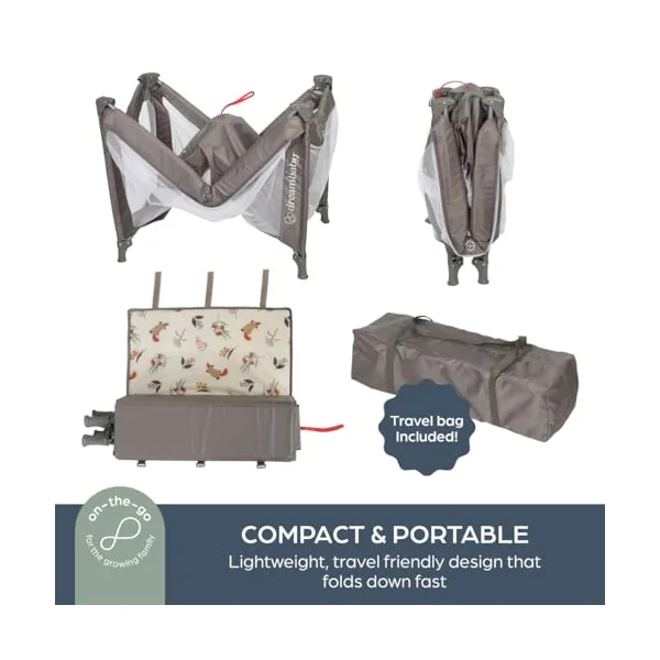 Dreambaby Quest Full Size Travel Cot, Lightweight, from Birth to 15kg, Easy Fold & Compact, Travel Bag, 120cm x 60cm, Custom Mattress Included