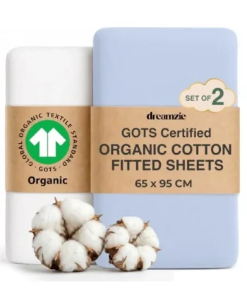 Dreamzie Travel Cot Sheets 95 x 65 cm, Set of 2 GOTS Certified Organic 100% Cotton Fitted Sheets, Soft Combed Cotton, White/Blue