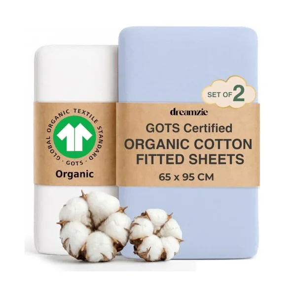 Dreamzie Travel Cot Sheets 95 x 65 cm, Set of 2 GOTS Certified Organic 100% Cotton Fitted Sheets, Soft Combed Cotton, White/Blue