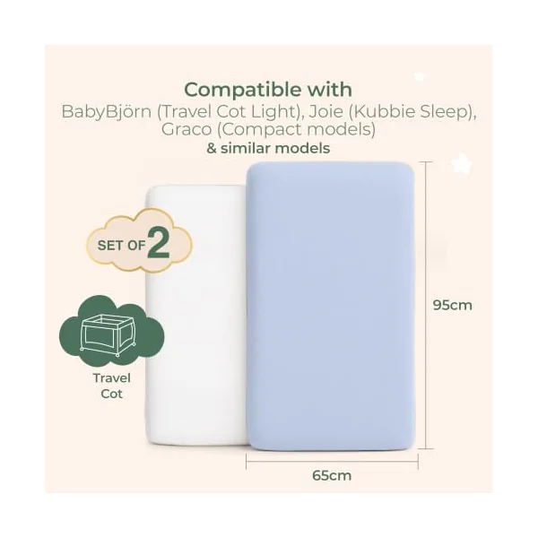 Dreamzie Travel Cot Sheets 95 x 65 cm, Set of 2 GOTS Certified Organic 100% Cotton Fitted Sheets, Soft Combed Cotton, White/Blue