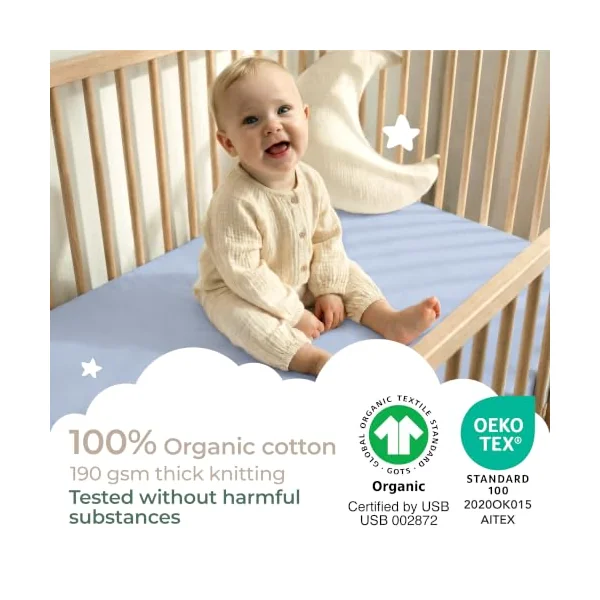 Dreamzie Travel Cot Sheets 95 x 65 cm, Set of 2 GOTS Certified Organic 100% Cotton Fitted Sheets, Soft Combed Cotton, White/Blue