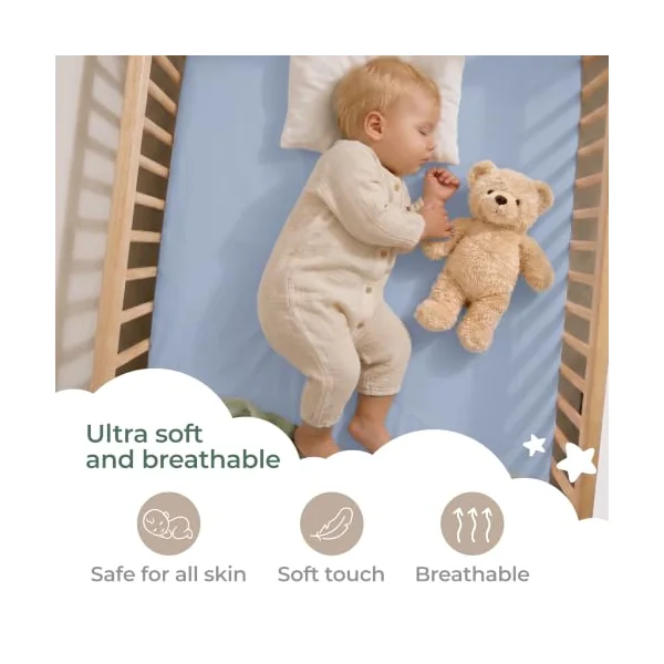 Dreamzie Travel Cot Sheets 95 x 65 cm, Set of 2 GOTS Certified Organic 100% Cotton Fitted Sheets, Soft Combed Cotton, White/Blue