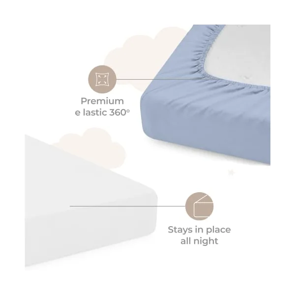 Dreamzie Travel Cot Sheets 95 x 65 cm, Set of 2 GOTS Certified Organic 100% Cotton Fitted Sheets, Soft Combed Cotton, White/Blue