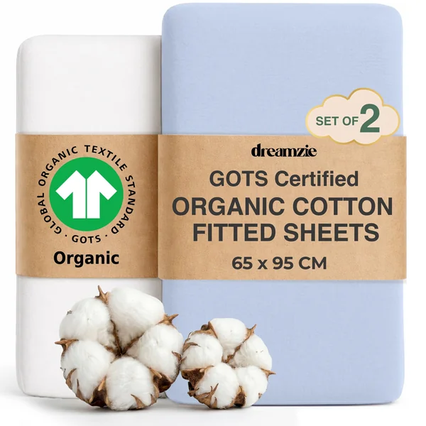Dreamzie Travel Cot Sheets 95 x 65 cm, Set of 2 GOTS Certified Organic 100% Cotton Fitted Sheets, Soft Combed Cotton, White/Blue