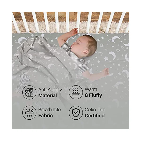 DTEX HOMES 2 x Cot Bed Fitted Sheets Anti-Allergy Anti-Bacterial 100% Egyptian Cotton 200 Thread Count Cot Bed Nursery Bedding, Sleeping Moon Grey - 70 x 140 cm