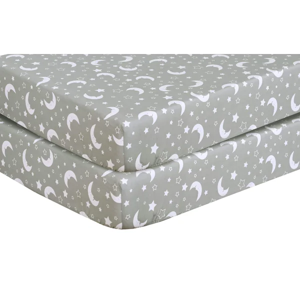 DTEX HOMES 2 x Cot Bed Fitted Sheets Anti-Allergy Anti-Bacterial 100% Egyptian Cotton 200 Thread Count Cot Bed Nursery Bedding, Sleeping Moon Grey - 70 x 140 cm