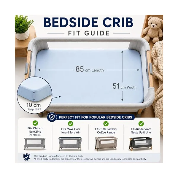 Dudu N Girlie Bedside Crib Sheets 85x51cm – Blue, 2 Pack, Soft Jersey Cotton Fitted Bedding for Co Sleeper & Baby Cribs